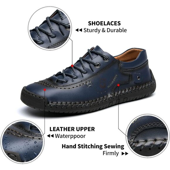 Alcubieree Men Blue Leather Casual Fashion Loafer Driving Rubber Sole Sneakers - Picture 3 of 8